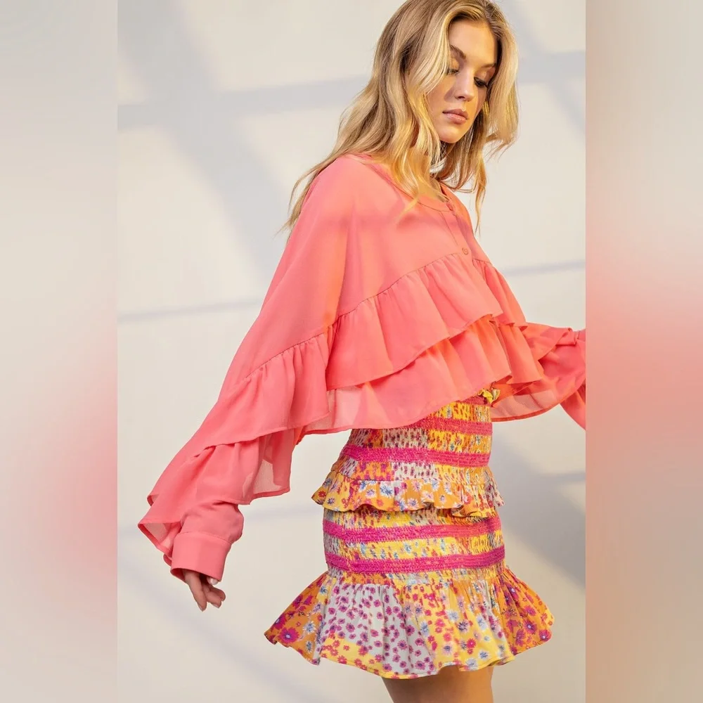 Easel | Zinnia Patchwork Tiered Mini Skirt Colorful Floral Whimsy Boho New Small